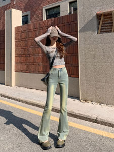 Light Wash High Waist Bell Bottom Jeans for Women Summer 2024 New Style Fashionable Slimming Distressing Cotton Blend Denim