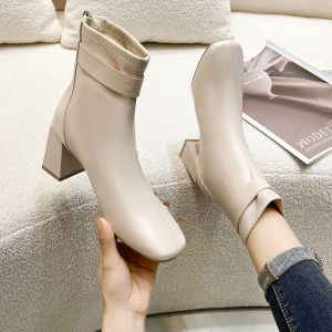 British Style Ankle Length Boots Coarse High Heels Slim Appearance