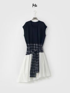 Blue White Plaid Lace Patchwork Slimming Casual Dress High Waist A-Line Skirt Cotton Polyester Spandex Blend Summer Dress