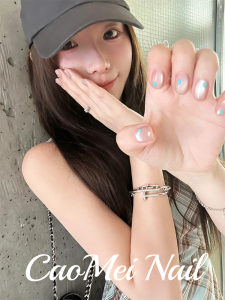 Handmade Nail Art Crystal Cats Eye Sea Blue False Nails Wearable Nail Tips Drip Glue Finish Ready-to-use Nail Stickers