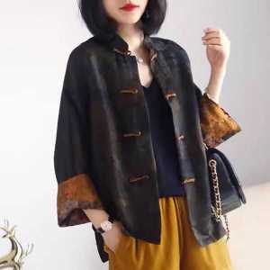 Áo Khoác Nữ Cổ Điển Mới Thời Trang Xuân Thu Họa Tiết Lụa Giả Nút Phong Cách Trung Hoa Mới Áo Sơ Mi Phong Cách Đường