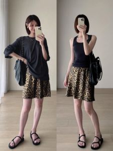 Korean New Style Gold-Stamped Leopard Print A-Line Skirt for Women Summer French Casual Slimming Short Skirt Hot Girl Attitude Mid-Skirt
