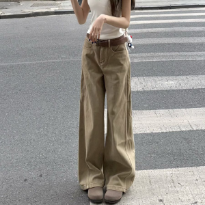 Quần Jeans Ống Rộng Cạp Cao Màu Kaki Phong Cách Mỹ Cho Nữ Quần Dài Dài Đến Sàn Thiết Kế Ôm Dáng Quần Jeans Thường Ngày