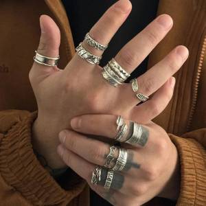 Ingemark 12Pcs/Set Punk Feather Open Rings for Men Hip Hop Geometry Bat Wings Silver Color Adjustable Knuckle Ring Male Jewelry