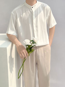 Summer White Ice Silk Mens Shirt No Ironing Loose Fit Short Sleeve New Chinese Style Stand Collar High Drape Luxury Casual