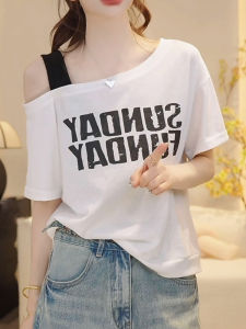 Shalldoer | Korean Color Block Design Shoulder Bared Strap T-Shirt Womens Summer New Letter Print Oblique Shoulder Top Casual Style Short Sleeve Round Neck