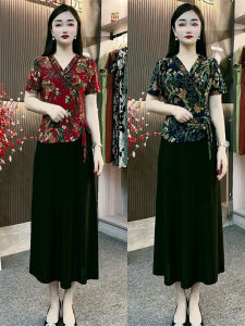 ชุดเดรสฤดูร้อน ชุดกี่เพ้าสไตล์จีนใหม่ กระโปรงยาวเอวสูง แขนสั้น คอวี ทรงเอ ชุดทำงานสไตล์เกาหลี ชุดเดรสยาวคลุมเข่า