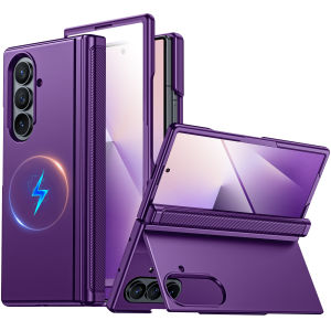 Magnetic Case for Samsung Galaxy Z Fold 7 with Hidden Kickstand Built-in 9H Glass Screen Protector & Hinge Protection-Blue