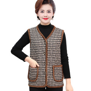 Áo Vest Kẻ Caro Dày Dặn Cho Phụ Nữ Trung Niên Và Người Cao Tuổi Thời Trang Thu Đông Màu Đỏ Cổ Chữ V Nút Áo Vest