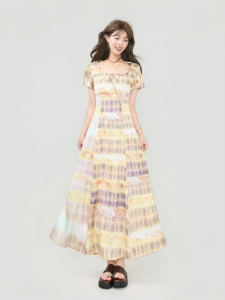 KEIKO | Country Style Smooth Silk Printed Slimming A-line Maxi Dress