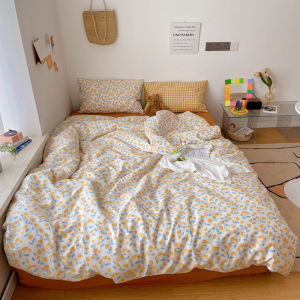Korean Style Cream Small Floral Pure Cotton Four-Piece Set Color-Contrast Check Ins Cotton Quilt Cover Bed Sheet Skin-Friendly Bedding