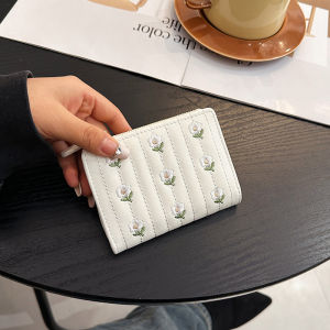 Womens Short Wallet K-style Embroidered Cute Refreshing Student Multi-Card Holder Folding Zipper Small Wallet Card Holder