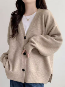 Spring Autumn Cashmere Knitted V-Neck Solid Color Open Cardigan Womens Mid-Length Loose Sweater Outerwear Versatile Long Sleeve Top