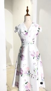 [Voucher 15% MOV 199K cap 100K  Đầm HeraDG thiết kế dáng xòe cổ tim xếp ly ngực họa tiết hoa cẩm tú cầu thanh lịch chất tafta cao cấp SDCBD1001