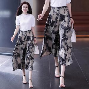 กางเกงขายาวทรงหลวมเอวสูงสไตล์จีนใหม่สำหรับผู้หญิงในช่วงฤดูร้อน กางเกงขายาวลำลองลายหมึกโบราณ ทรงหลวม ทรงหลวม ทรงหลวม