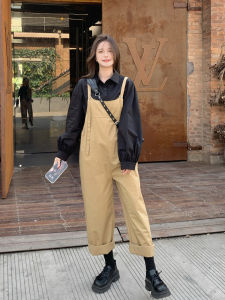 Khaki Loose Lazy Workwear Overalls Long Spring Autumn New Style Black Base Shirt Top Two Piece Set Women Casual Pants