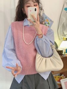 Womens College Style Knitted Vest Shirt Outerwear Layering Sweater Vest Spring Autumn Fashion Set Polyester Material