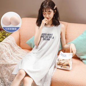 ชุดนอนผู้หญิงแขนกุดแบบมีแผ่นรองหน้าอก ผ้าฝ้ายแท้ ฤดูร้อน 2025 ใหม่ ชุดนอนฤดูร้อนสำหรับคุณแม่วัยรุ่น ชุดนอนผู้หญิง ชุดนอนผู้หญิง