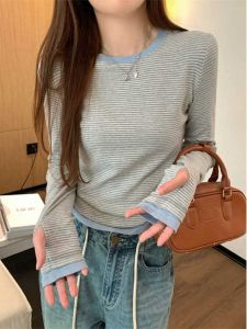 Homemade Contrast Color Striped Fake Two Pieces Long Sleeves T-shirt Female 2024 New Arrival Early Autumn Short Asymmetrical Pullover Tops Fashion
