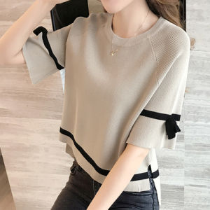 Loose Fit Silk Blend Short Sleeve Womens T-Shirt Korean Style Thin Knitted Top Summer Fashionable Versatile Butterfly Knot Splice
