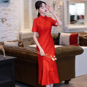Red Summer Style Large Size Womens Dress Retro Young Revised Version Girls Show Dress Gathered Hemline Polyester Fiber