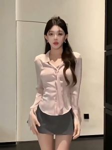 Korean Long Sleeve Silm V-neck T-shirt For Women Stripe Tie Strape Tops