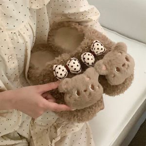 XIXITIAO | Korean Style Ribboned Bear Furry Slippers Warm For Indoor and Outdoor Wear