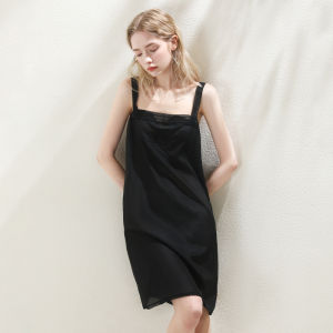 XEXZ | ชุดนอนแขนกุดคอวีลูกไม้ไหมผสมคอตตอนสำหรับใส่ในบ้านและกลางแจ้ง ชุดเดรสยาวปานกลาง แขนกุด ปกติ ไม่มีกระดุม