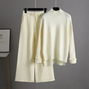 Autumn Winter Women High Neck Elegant Knit Sweater Top Pants 2-piece Sets Long-sleeved Pullovers Casual Loose Womens Clothing