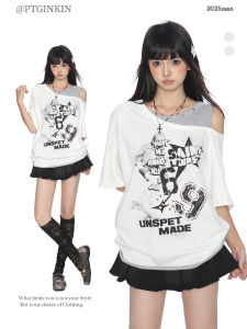 Street Stylegrafite Print Short Sleeve T-shirt Women Summer Hot Girl Shoulder Exposure Slimming White Top Creative Text Print