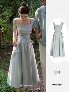 Spring Summer Womens Drawstring Square Collar Sleeveless Dress Trendy Long Skirt Butterfly Knot Floral Print Casual Maxi Dress