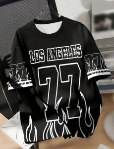 Mens Summer Casual Breathable Round Neck T-shirt Flame Color blocked Los Angeles Letter 77 Printed Outdoor Street Top
