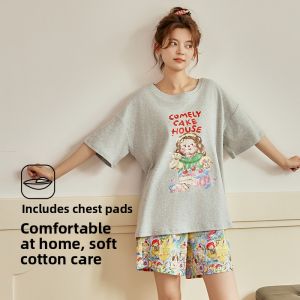Miiow | Pure Cotton Summer Sleepwear Womens Short Sleeve Set With Chest Pad Cool Feeling Outdoor Wearable Home Clothes Catman