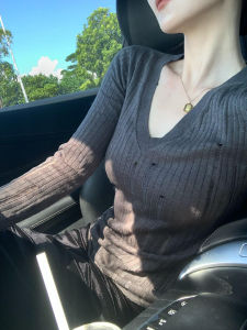 Korean Style Grey Soft Long Sleeve V-Neck Knitted Base Shirt Womens Autumn Winter Design Sense Sweater Low Neck Top