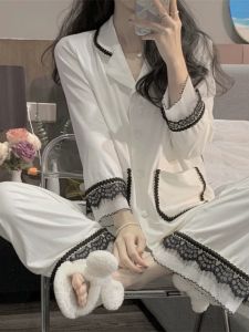 ชุดนอนผู้หญิงแขนยาว ชุดอยู่บ้าน ชุดนอนฤดูใบไม้ร่วง 2025 ใหม่ล่าสุด ขอบลูกไม้สไตล์ย้อนยุค ชุดอยู่บ้านระดับไฮเอนด์ ชุดนอนผู้หญิง