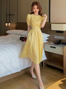 Summer 2025 Yellow Waist-Cinching A-Line Dress Elegant Ladylike Chic Style Commute Pure Color High Waist Zipper Short Sleeve Long Dress