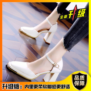 Korean Style Square Head High Heels Womens Spring Summer New Black Design Sense One-Strap Hollow Thick Heel Single Shoes