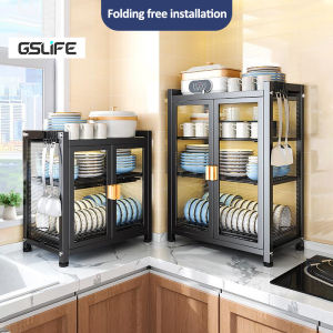 GSlife 🔥🔥【Folding Free Installation】Dish Rack Organizer Cabinet with Cover Dish Drainer Shelves Countertop Plate Organizer Rack Kitchenware Multipurpose Racks