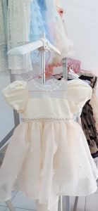 Dress Import Anak Krem Gaun Pesta Mewah Organza Lengan Puff Pita Besar Mutiara