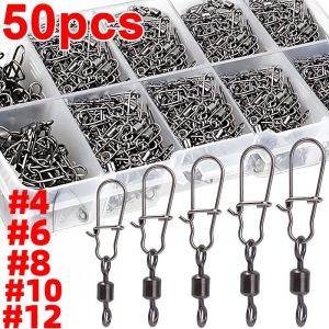#4/6/8/10/12 Fishing Connector Pin Bearing Rolling Swivel Stainless Snap Fishhook Lure Swivels Fishing Tackle Accessories 50PCS