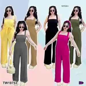 B19753 จั๊มสูทยาวสายเดี่ยว+เชือกผูกเอว Long jumpsuit with single straps + waist tie