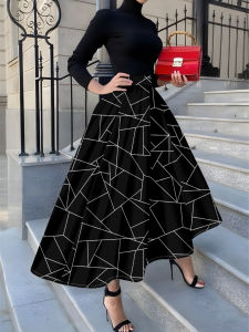 Printed Design Four Seasons Leisure Style Geometric Lines Abstract Pattern Design Half Skirt