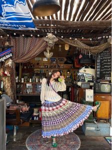 Colorful Plaid Print Patchwork High Waist Midi Skirt Womens Spring Summer New Retro Ethnic Style Full Skirt Long Skirt