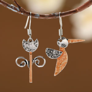 Bohemian Ethnic Style Asymmetrical Two-Color Plant Bird Pendant Earrings for Ladies Suitable for Daily Date Outfits.