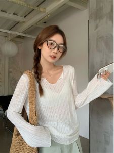 Design Sensation Womens Long Sleeve Loose T-Shirt Thin Transparent Style Korean Version Spring Autumn Fashion Casual Top
