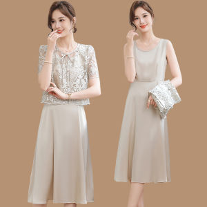 Young Mother Summer Wear Dress Western Style New Chinese Style National Style Tup Cardigan Middle-Aged and Elderly Women Elegant Two-Piece Set