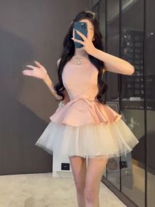 Váy Lưới Ren Thắt Nút Bướm Kiểu Pháp Cho Nữ Mùa Xuân Mới Thon Gọn Màu Hồng Váy Sinh Nhật Chữ a Không Tay Cổ Tròn