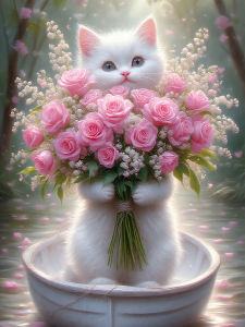 Huacan 5D Full Diamond Painting Flower Picking Little White Cat Diamond Embroidery Animal Complete Kit Decorative Paintings