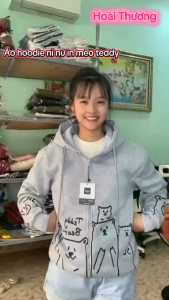 Áo Khoác Nỉ Nữ Form Rộng Họa Tiết Gấu Teddy Bear Phối Khóa Kéo Kèm Nón 2 Lớp Tai Gấu Chống Nắng Cao Cấp Hot Trend