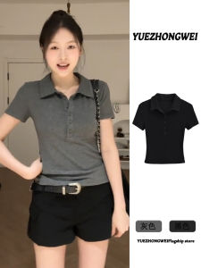 เสื้อยืดคอโปโลแขนสั้นทรงสลิมฟิตสำหรับผู้หญิงในช่วงฤดูร้อน สไตล์อเมริกัน สีเทา เสื้อเชิ้ตทรงปกติ เสื้อผ้าทำงานสไตล์เกาหลี